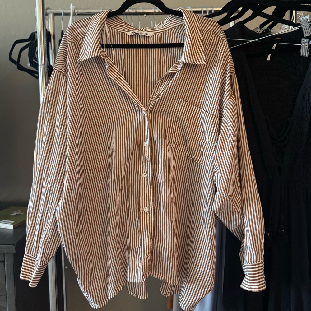 Zara Brown and White Striped Shirt